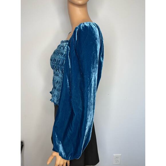 Anthropologie Puff-sleeved Velvet smocked Blouse blue size S NWT boho - Picture 6 of 10